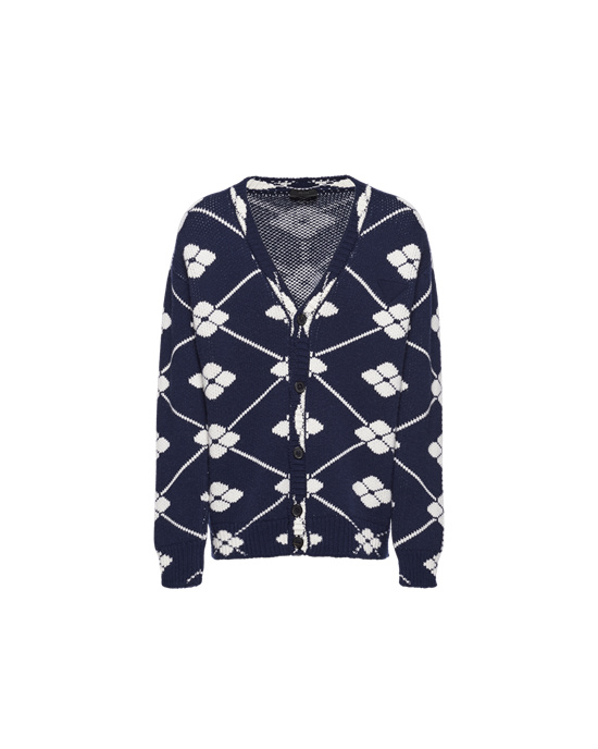 Prada Jacquard Wool And Cashmere Cardigan Azul Marino | 1203-GDWYO