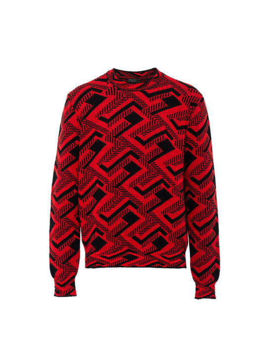 Prada Jacquard Wool And Cashmere Crew-neck Sueter Negros Rojos | 7359-MKUWA