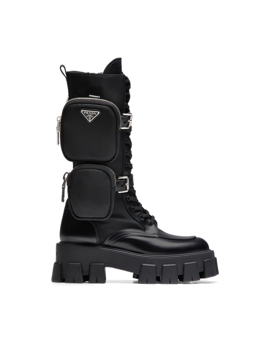 Prada Monolith Brushed Rois Cuero And Nylon Boots Negros | 3256-KXYDT