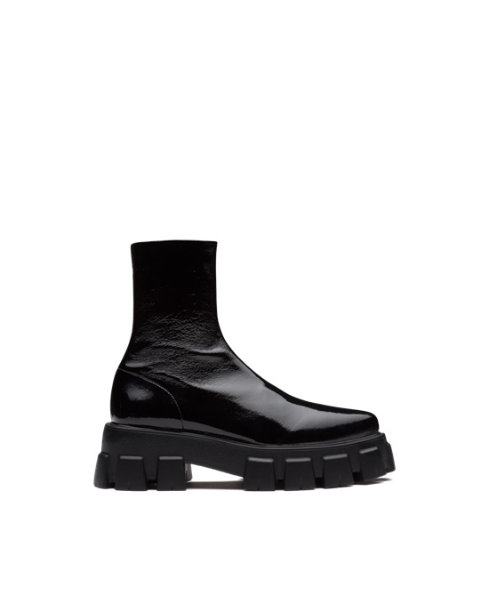 Prada Monolith Pointy Technical Charol Cuero Booties Negros | 3592-HKRVL
