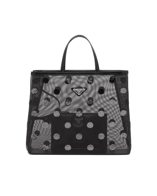 Prada Polka-dot Mesh Tote Bag Negros | 7128-QOPRK