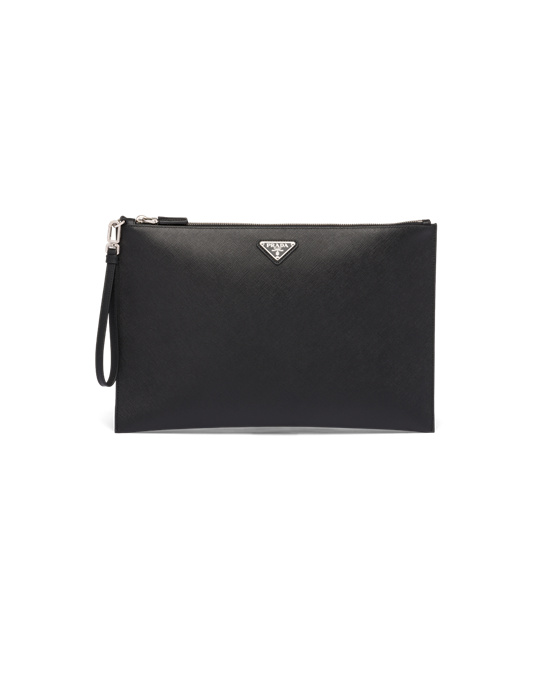 Prada Saffiano Cuero Pouch Negros | 4203-YIUQV