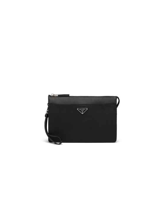 Prada Saffiano Cuero Pouch Negros | 9516-REMZV