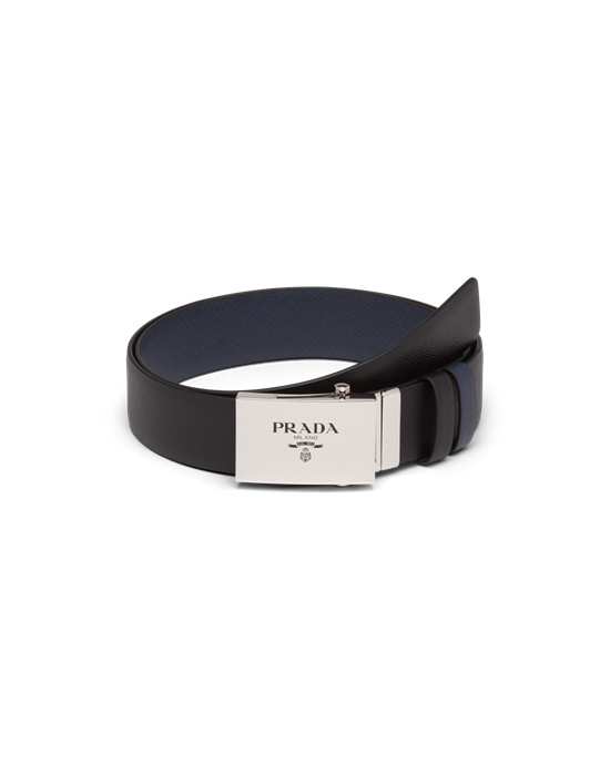 Prada Saffiano Cuero Reversible Belt Negros Azules | 5413-NGCPT