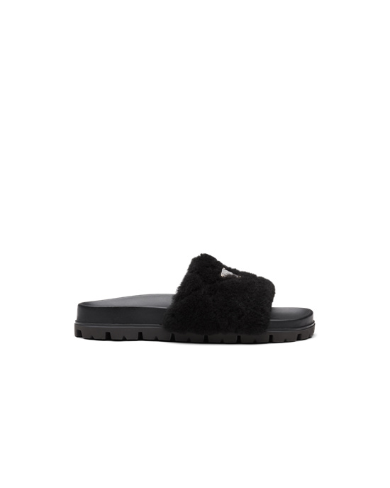 Prada Shearling Slides Negros | 8962-JCLYW