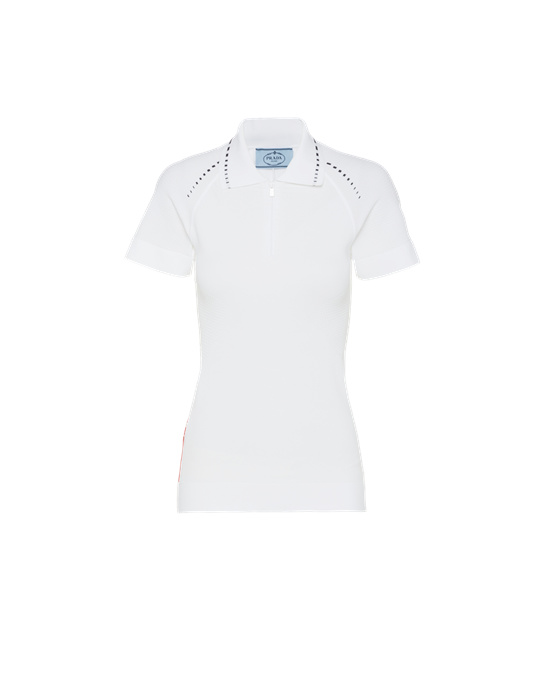 Prada Soft Rec Polyester Polo Shirt Blancos Negros | 6458-KSGBH